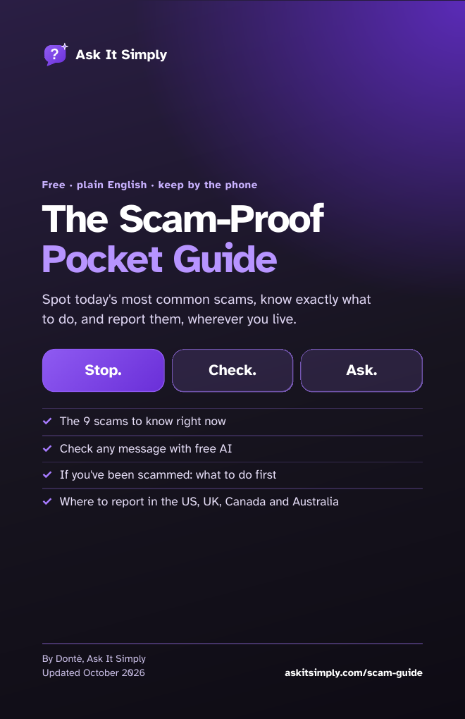 Cover of the Scam-Proof Pocket Guide: Stop. Check. Ask.